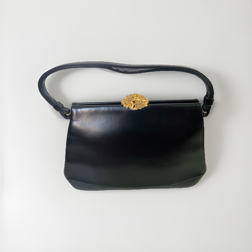1960s Vintage Koret Black Patent Leather Handbag Gold Filigree Clasp Purse